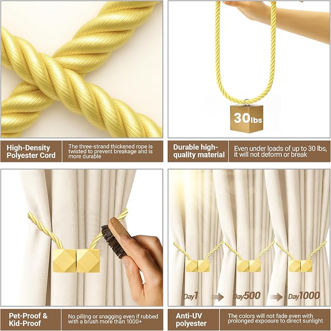 Hion Magnetic Curtain Tiebacks Golden 2pcs, Curtain Tiebacks Buckles Holdbacks - Image 3
