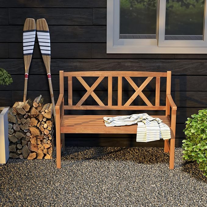 COSTWAY Outdoor Wooden Bench, Outdoor Acacia Wood Loveseat - Image 6