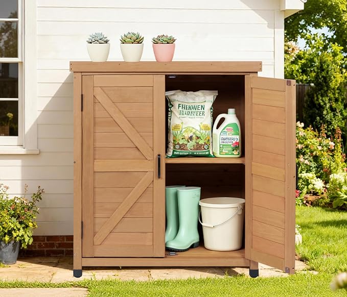 Outdoor Potting Bench with Storage Cabinet and Metal Top, Wood Workstation - Image 9