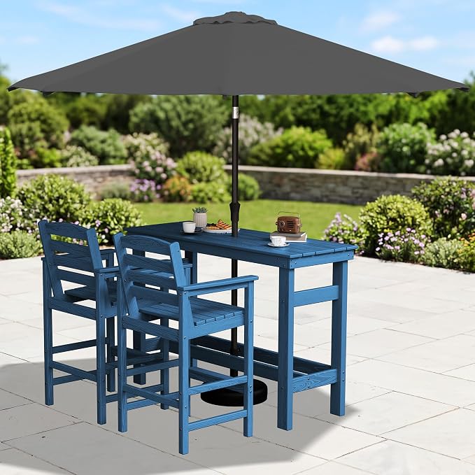 SERWALL Outdoor Bar Set with 9ft Umbrella, All-Weather HDPE Patio Bar Chairs - Image 2