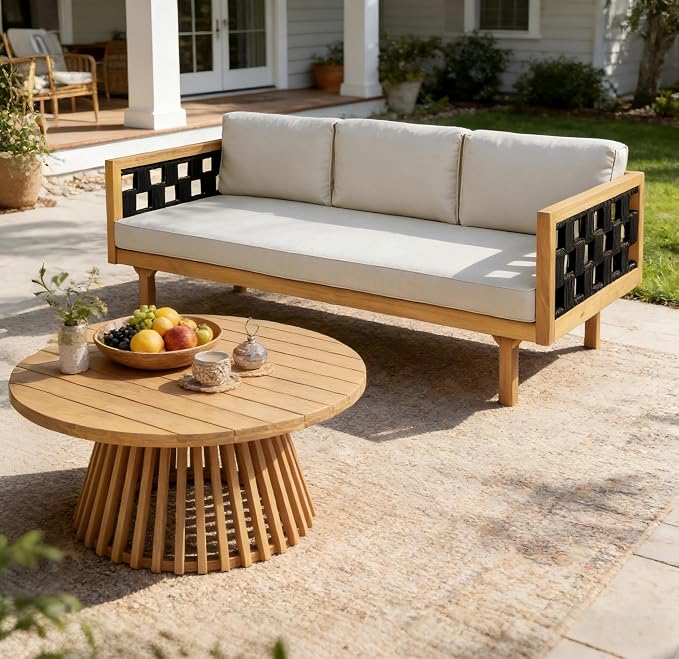 Merax Outdoor 3 Seater Daybed, Acacia Wood Patio Day Bed Couch Sofa - Image 4