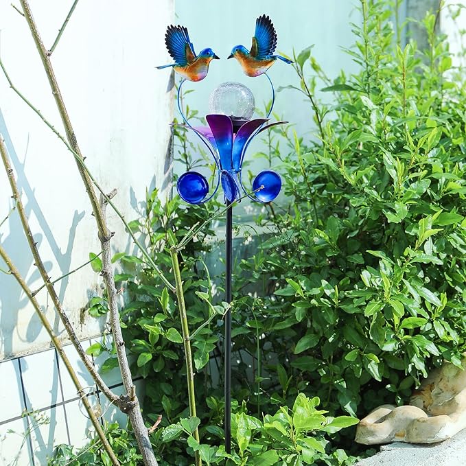 VCUTEKA Solar Lights Outdoor Metal Garden Stake Waterproof Crackle Glass Globe - Image 2