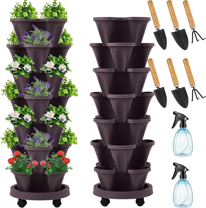 Umigy 2 Set Espresso Brown 7 Tier Vertical Planter Stackable Tower Planters by Umigy