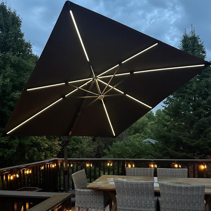 PURPLE LEAF 10 Feet Patio Umbrella Outdoor Cantilever Solar Powered LED Swivel by PURPLELEAF