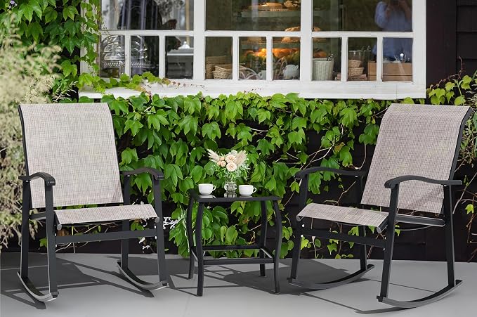 Vongrasig 3 Piece Outdoor Rocking Bistro Set, Textilene Fabric Small Patio - Image 8