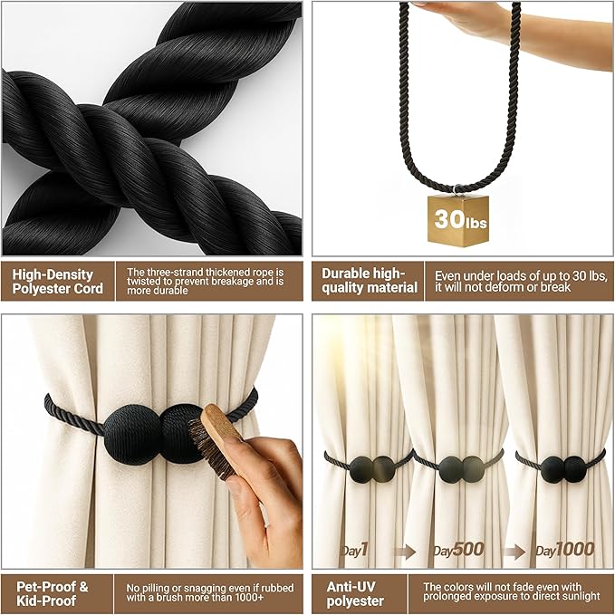 Hion Magnetic Curtain Tiebacks Black 6 Pack, Curtain Tiebacks Buckles Holdbacks - Image 3