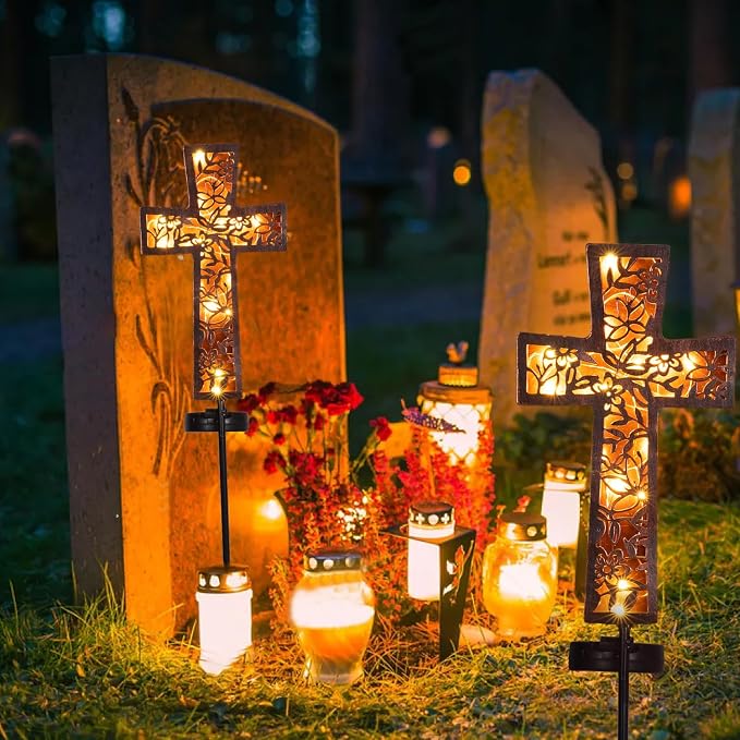 Solar Cross Garden Stake Lights 38inch Metal Outdoor Waterproof Memorial Garden - Image 4