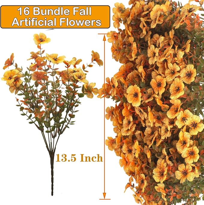 16 Bundles Artificial Fall Flowers UV Resistant Faux Greenery, All Weather - Image 3