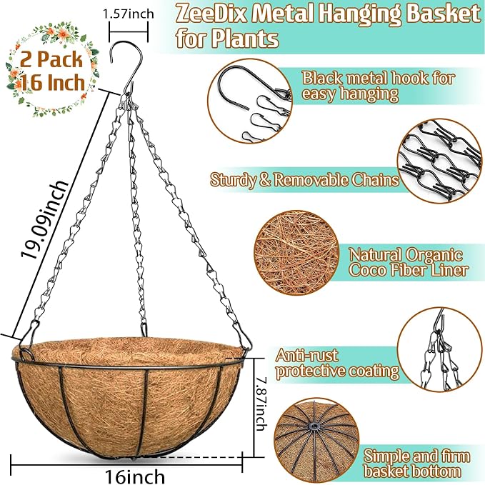 ZeeDix 2 Pack 16 Inch Large Hanging Baskets - Image 2