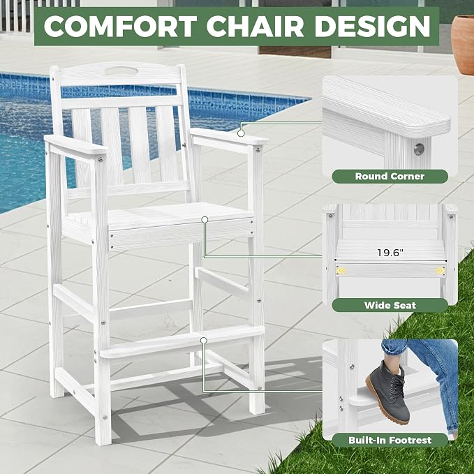 Outdoor Patio Bar Height Table and Tall Adirondack Chairs Set of 2, All-Weather - Image 4