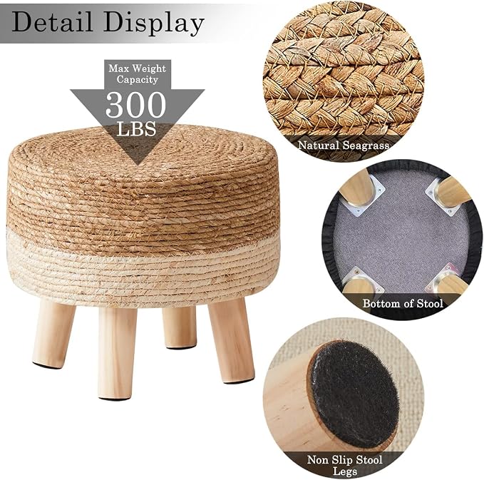 Wimarsbon Round Foot Stool Natural Seagrass Poufs Ottoman Hand Weave Footrest - Image 5