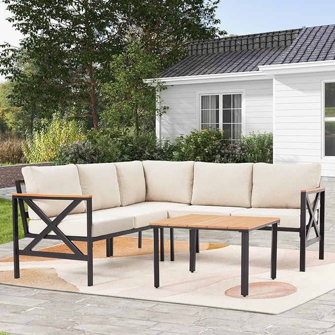 MELLCOM 6 Pieces Patio Furniture Sets, L-Shaped Patio Conversation Sets Metal by MELLCOM