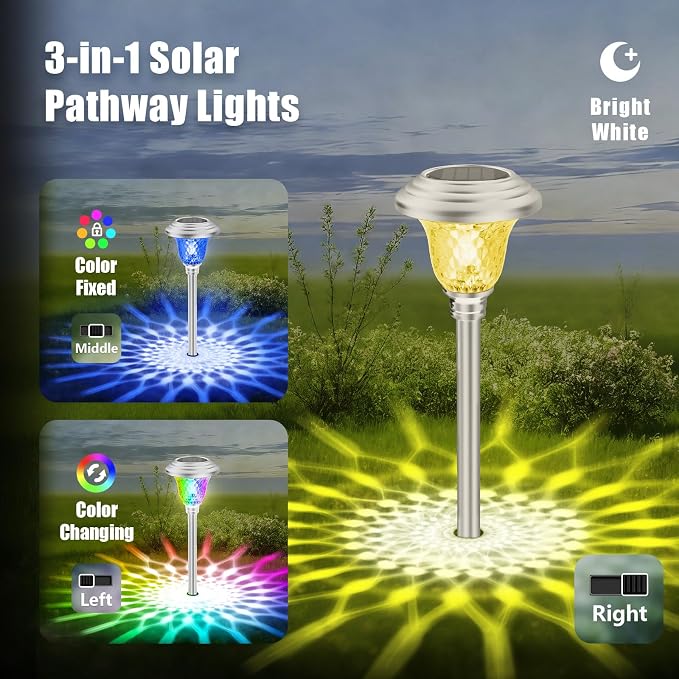 BEAU JARDIN 8 Pack Solar Pathway Lights White+ Color Changing Stainless Steel 3 - Image 5