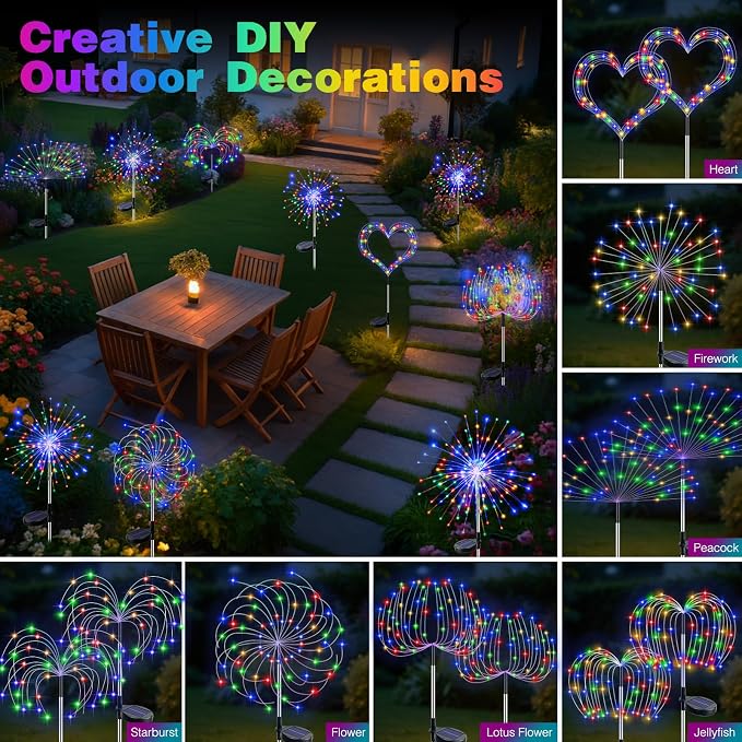 btfarm 4 Pack 120 LED Solar Garden Lights Outdoor, 8 Modes Firework Lights - Image 2