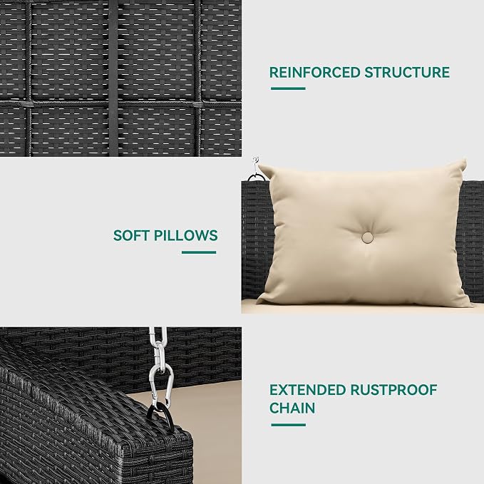 YITAHOME 3-Seats Hanging Porch Swing Chair Outdoor Black Rattan Patio Swing - Image 5