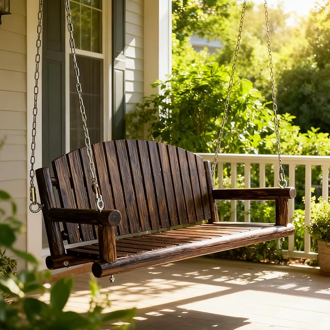 5FT Rustic Log Wooden Porch Swing, Heavy-Duty 900 LBS, Outdoor Hanging Bench - Image 2