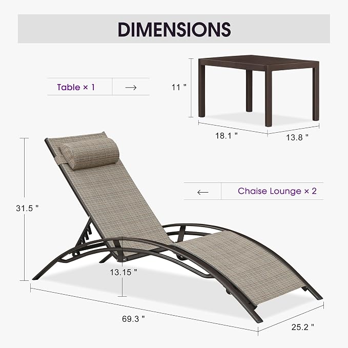PURPLE LEAF Outdoor Chaise Lounge Chair Set of 3 Patio Pool Lounger Bronze - Image 2