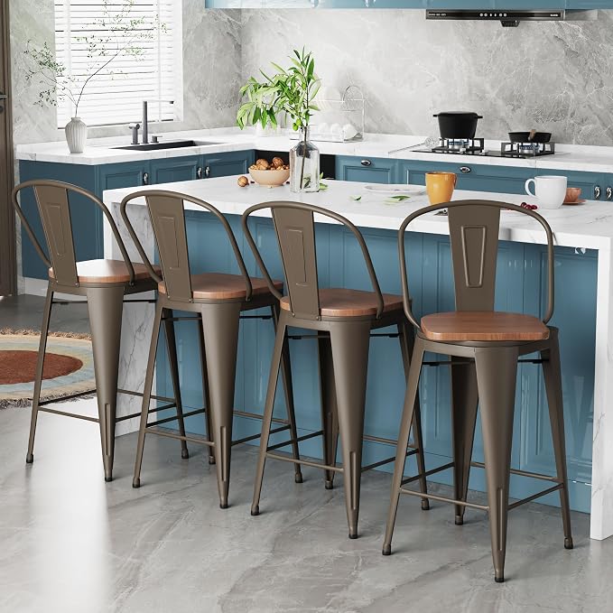 Alunaune 24" Swivel Metal Counter Height Bar Stools Set of 4 High Back - Image 9