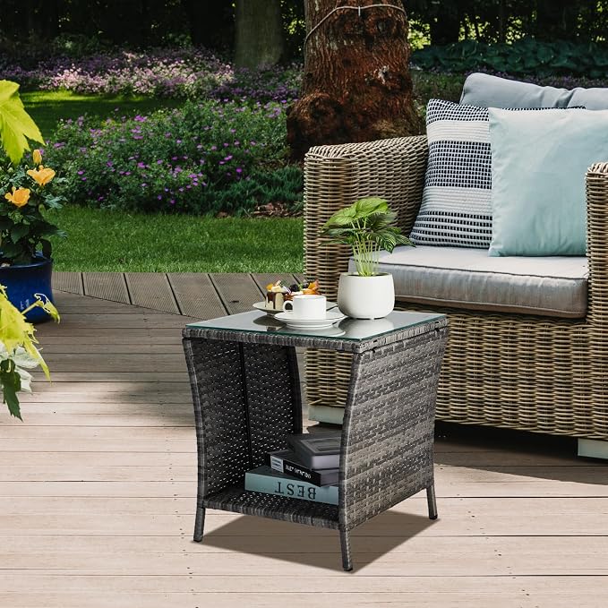 VINGLI Outdoor Wicker Side Table Patio Side Tables - Image 2