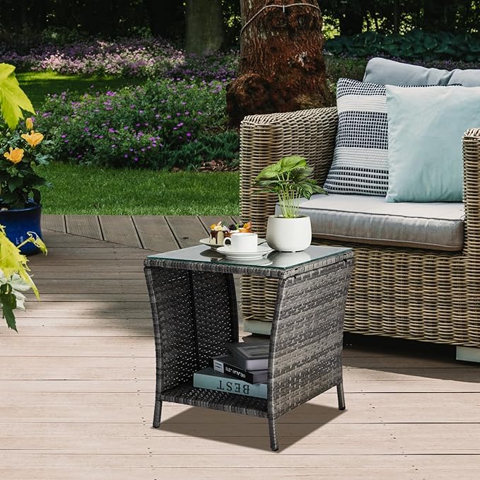 Wicker Rattan Side Table, Outdoor Square Rattan Coffee End Table - Image 2