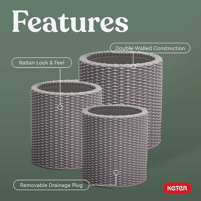 Keter Cylinder Set of 3 Rattan Resin Planter - Image 3