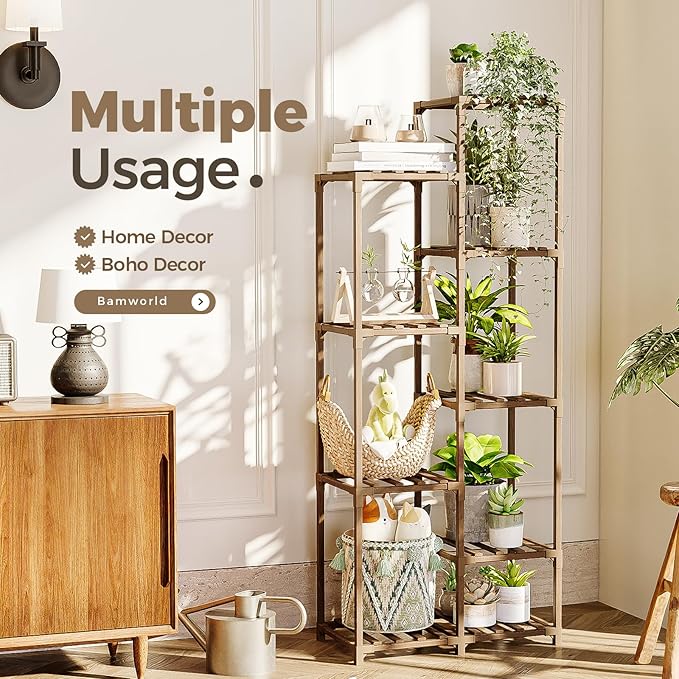 Bamworld Plant Stand Indoor Tall Plant Shelf Outdoor Corner Plants Table Wood - Image 3