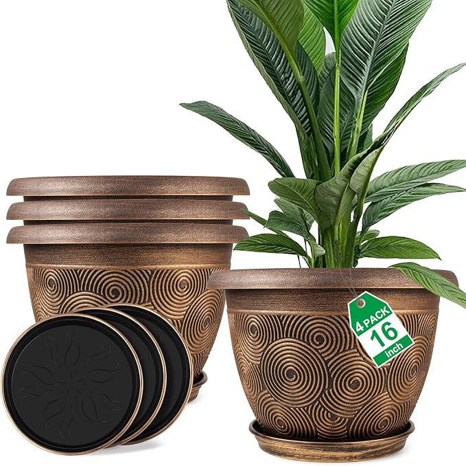 16 Inch Large Planter Pot for Plants Indoor Outdoor, 4 Pack Plastic Flower Pots by Fodetyff