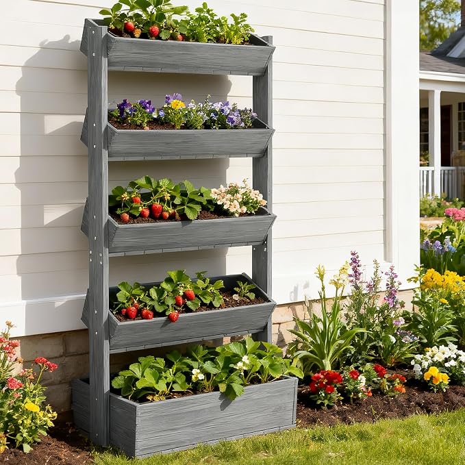 SUNYRISY 5 Tiers Vertical Raised Garden Bed Outdoor Planter Tower, Wooden - Image 7