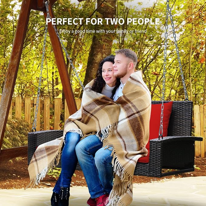 RELAX4LIFE Porch Swing 2-Seat Patio Rattan, Wicker Porch Swings Outdoor W/Two - Image 4