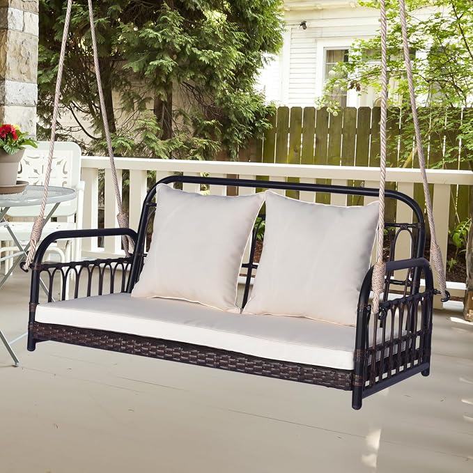 Tangkula Outdoor Wicker Porch Swing, 2-Person Hanging Seat - Image 2