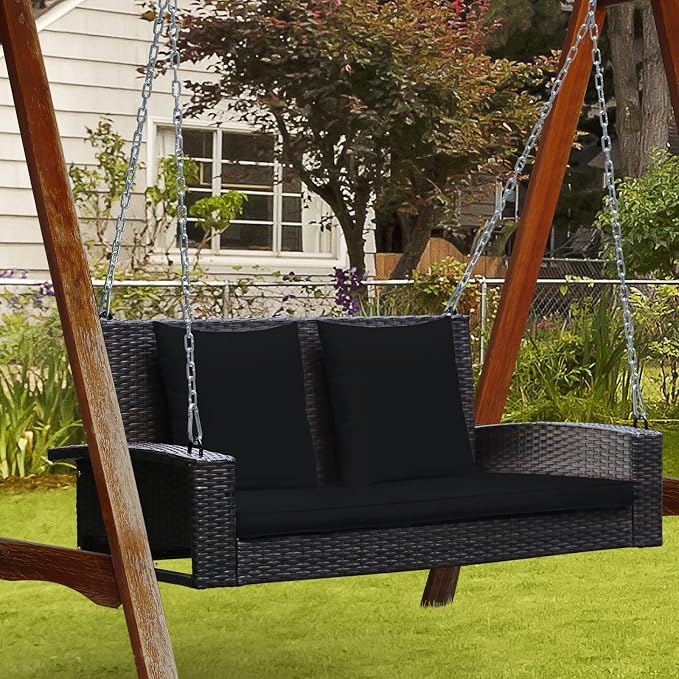 RELAX4LIFE Porch Swing 2-Seat Patio Rattan, Wicker Porch Swings Outdoor W/Two - Image 4