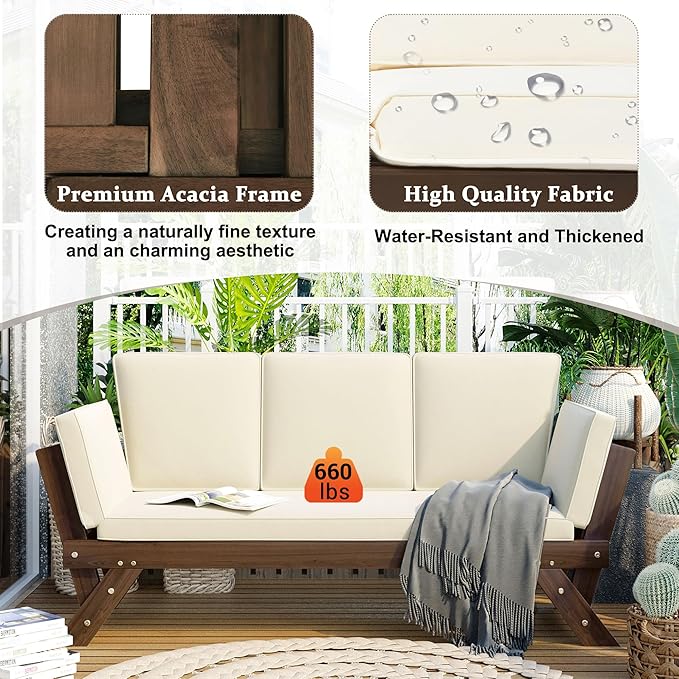 Merax Patio Sofa, Outdoor Adjustable Wooden Daybed, Chaise Lounge - Image 4