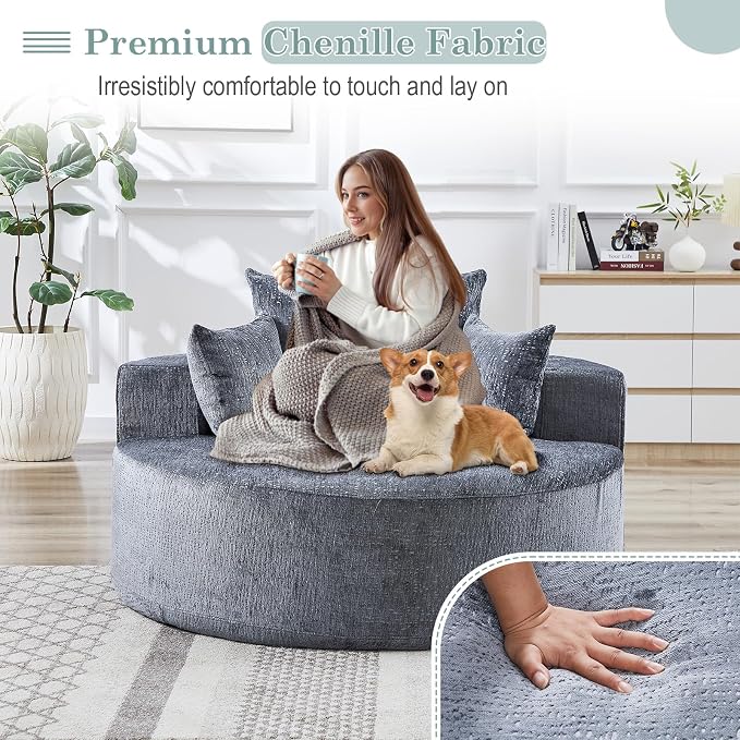 Oversized Round Chaise Longue Chair Indoor, Modern 55-inch Upholstered Chenille - Image 6