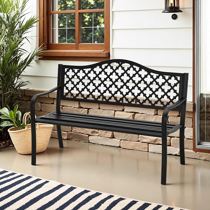 MFSTUDIO 50" Black Outdoor Metal Garden Bench, Cast Iron Frame Patio Furniture - Image 2