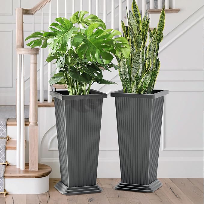 FENCY Set of 2 Tall Planters for Outdoor Plants, 24 Inch Large Tapered Pots - Image 6