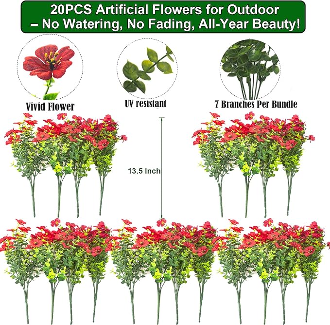 20 Bundles Artificial Flowers for Outdoors, UV Resistant Fake Plants Flowers - Image 2