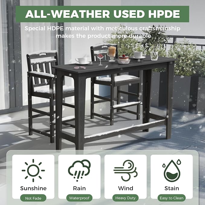 Outdoor Patio Bar Height Table and Tall Adirondack Chairs Set of 2, All-Weather - Image 2