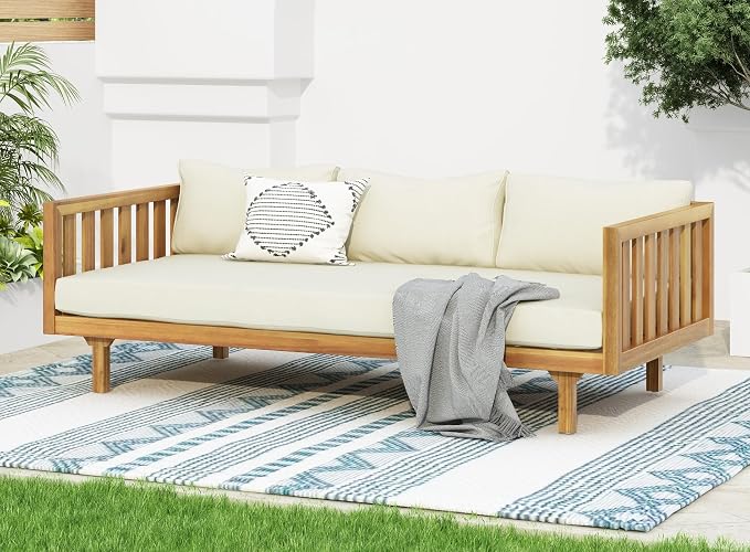 Merax Outdoor 3 Seater Daybed, Acacia Wood Day Bed Couch Sofa - Image 4
