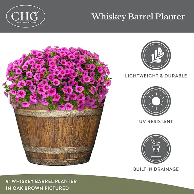Classic Home and Garden Outdoor Whiskey Resin Flower Pot Barrel Planter - Image 4