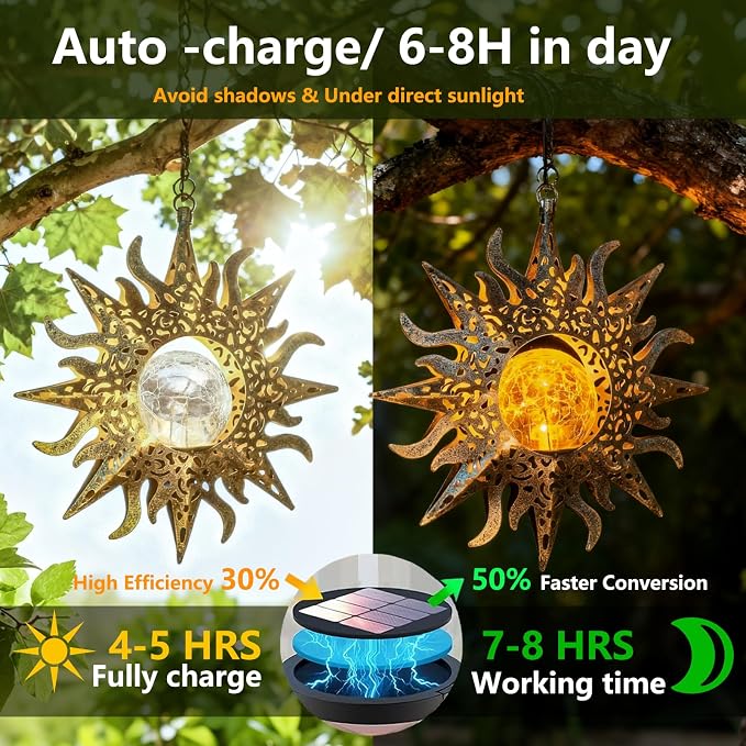 2 Pack Garden Decor Hanging Lanterns Outdoor Waterproof, Solar Lights Metal Sun - Image 4