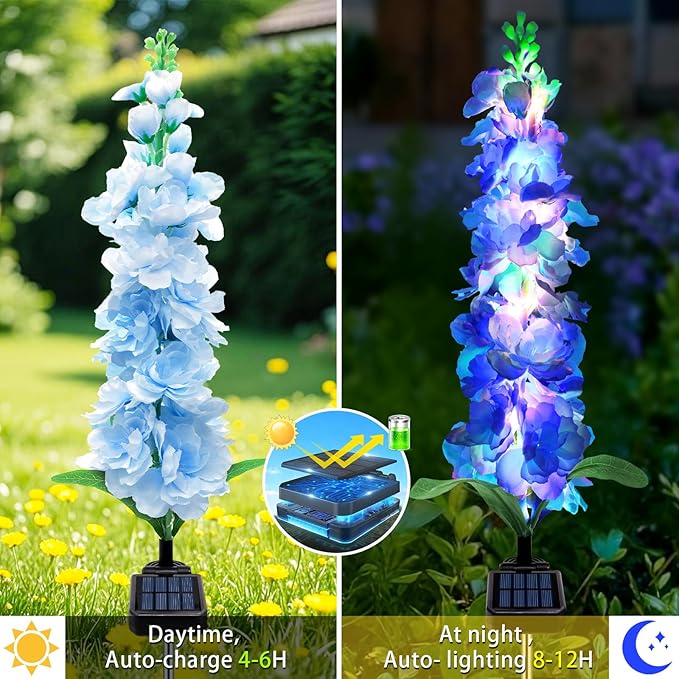 Solar Garden Lights, Solar Blue Delphinium Flowers Lights 8 Pack 160 LEDs - Image 3