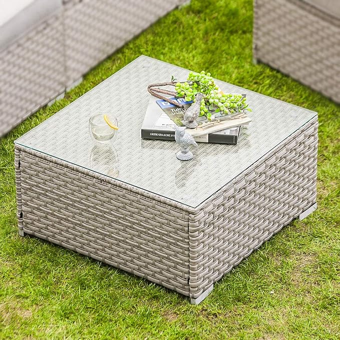 COSIEST Outdoor Furniture Warm Gray Wicker Glass-Top Coffee Table by COSIEST