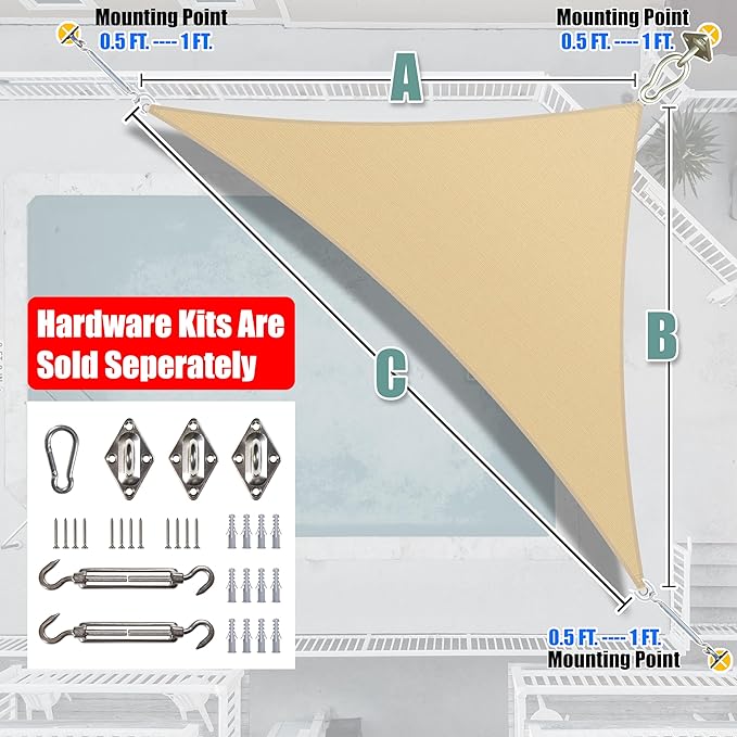 Amgo Custom Size 11' x 18' x 21.1' Beige Right Triangle Sun Shade Sail Order to - Image 7