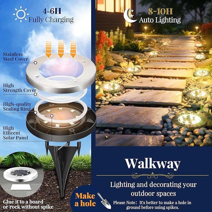 SOLPEX Solar Ground Lights, 12 Pack Solar Lights Outdoor Waterproof, 8 LED - Image 3