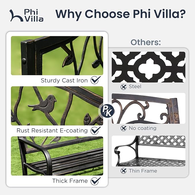 PHI VILLA Outdoor Garden Park Bench Patio 50" Metal Bench, Steel Frame Bench - Image 7