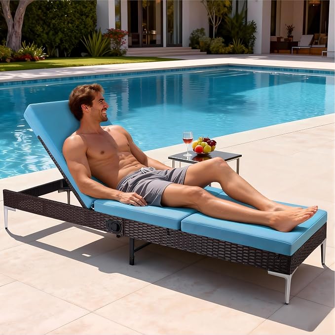 HOMREST Outdoor Chaise with Pneumatic Adjustable Backrest, Rattan Pool - Image 6