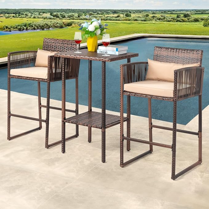 VINGLI 3 PCS Patio Bar Set Wicker, Outdoor Bar Table and Bar Stools - Image 8