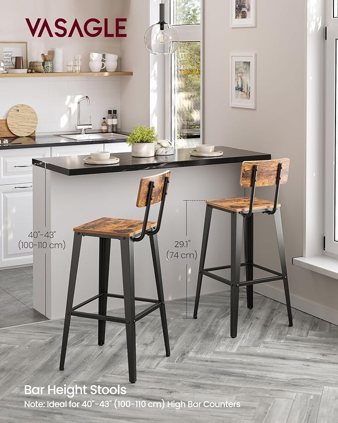 VASAGLE Set of 4 Bar Stools, Bar Height Stools, 29.1 Inches Tall Barstools - Image 2