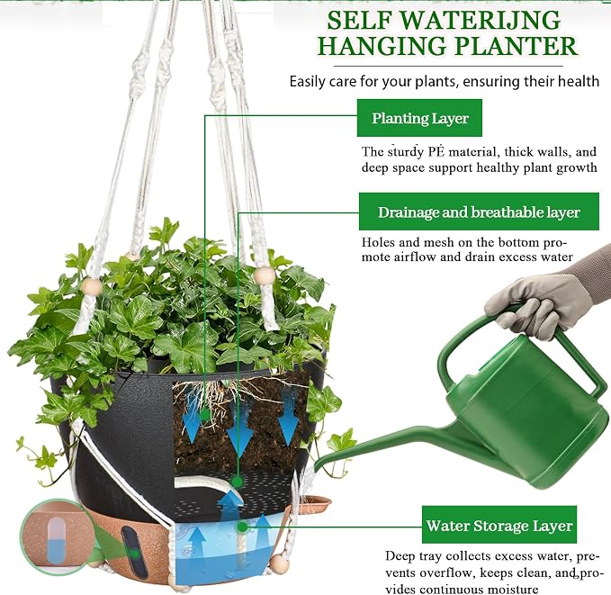 10 Inch Hanging Planters for Indoor Plants, 2 Pack Self Watering Hanging - Image 4