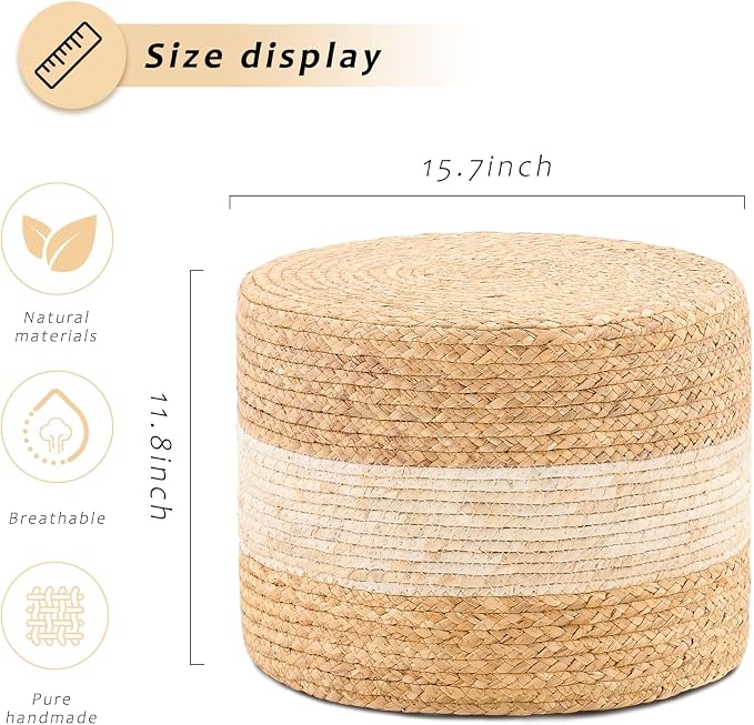 Handwoven Water Hyacinth Ottoman Pouf, Round Outdoor Footstool - Image 3
